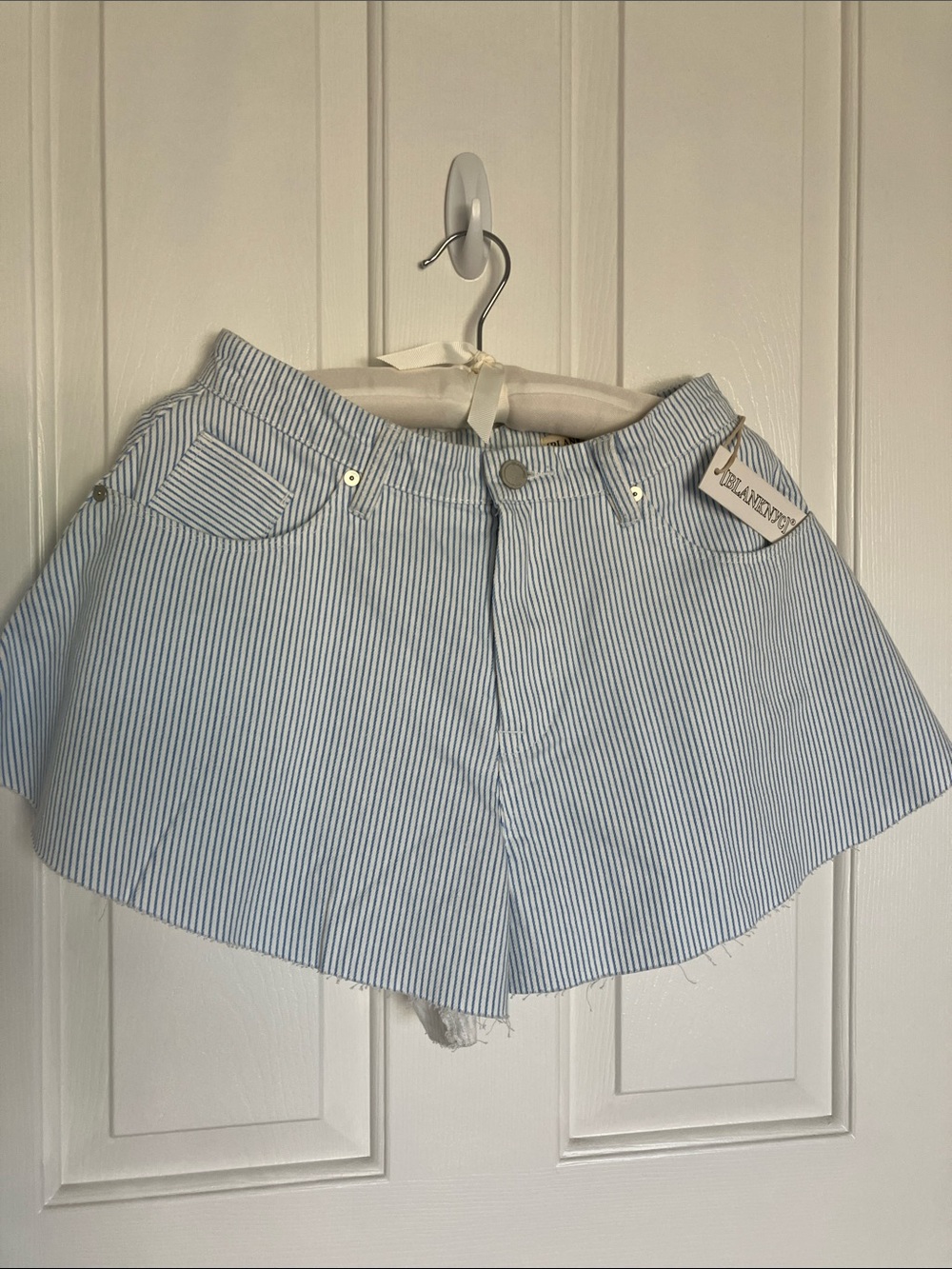 Blank NYC Light Blue & White Pinstripe High-Waist Jean Shorts